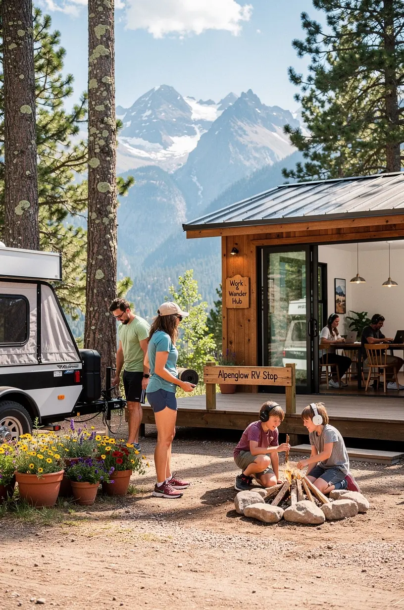 Мини-курорт для автодомов в США с подключаемыми стоянками, душевыми кабинами, рабочими домиками и фургончиками с местной едой на открытом воздухе. Современная зона отдыха с удобствами для путешественников на автодомах, включая места для работы и отдыха на территории комплекса.