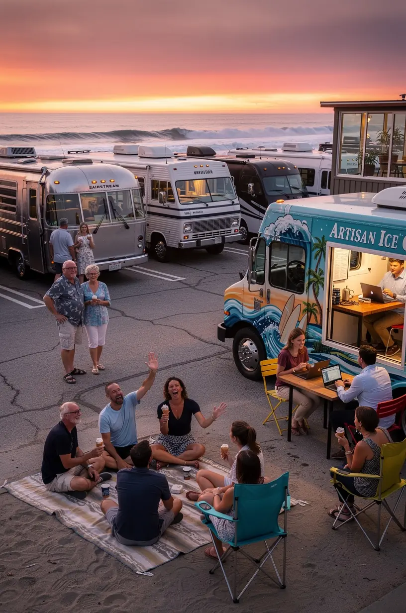 Мини-курорт для автодомов в США с подключаемыми стоянками, душевыми кабинами, рабочими домиками и фургончиками с местной едой на открытом воздухе. Современная зона отдыха с удобствами для путешественников на автодомах, включая места для работы и отдыха на территории комплекса.